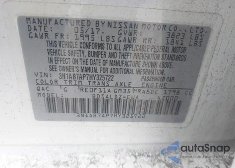 2017 Nissan Sentra S/Sv/Sr/Sl из США, поврежденный, VIN 3N1AB7AP7HY325722